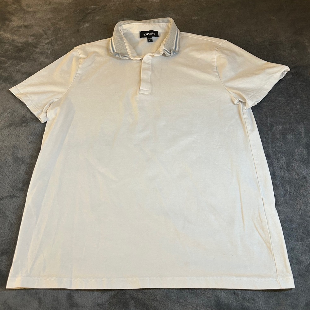Express Polo Shirt Mens Medium M White Gray Collar Short Sleeve Casual